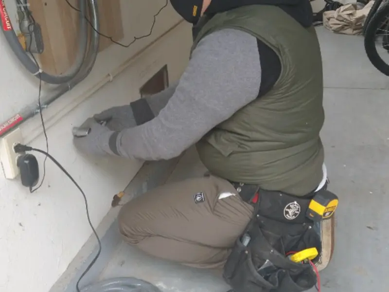 Electrician performing outlet wiring in a Randolph Town garage